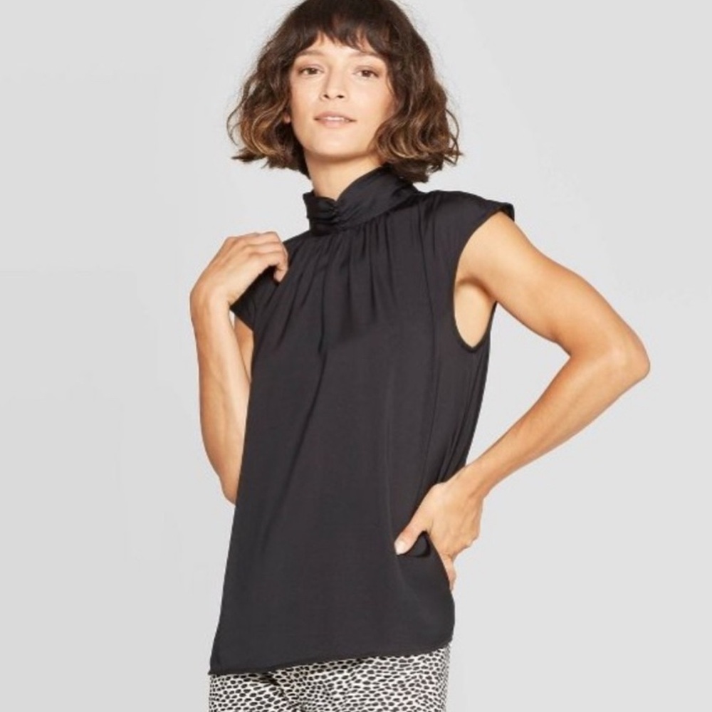 Women’s Who What Wear Ruched Turtleneck Cap Sleeve Blouse Top Size Large
